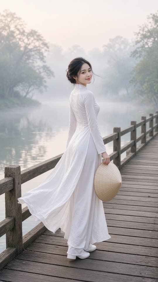 Người phụ nữ mặc áo dài trên cầu